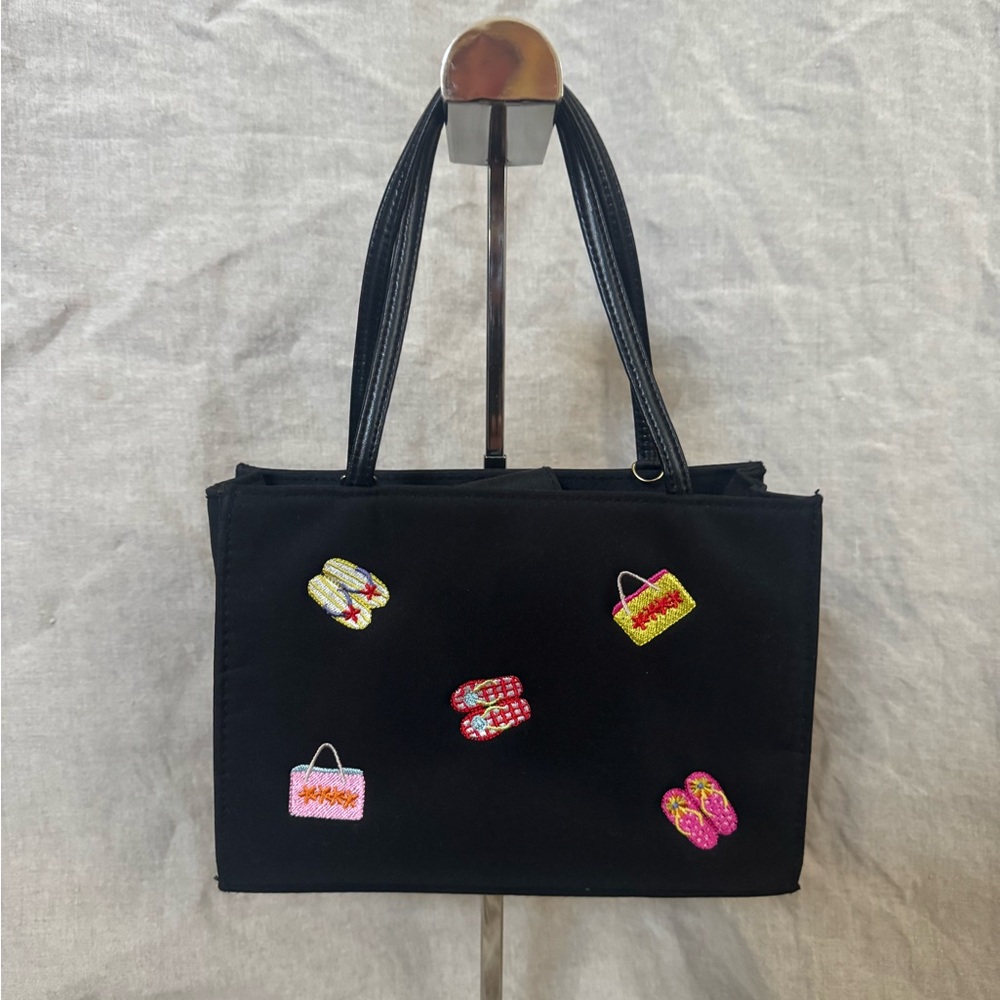 Vintage Black Mini Tote Bag with Colorful Embellishments